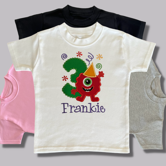 Personalised Embroidered Birthday Funny Monster Design T-Shirt for Kids