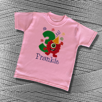 Personalised Embroidered Birthday Funny Monster Design T-Shirt for Kids