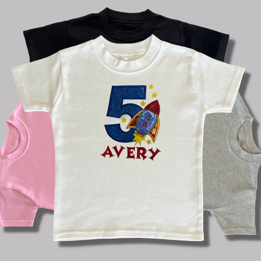 Personalised Embroidered Birthday Rocket Design T-Shirt for Kids
