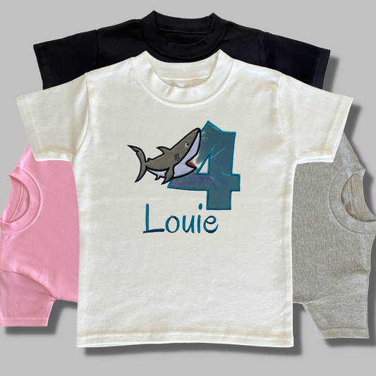 Personalised Embroidered Birthday Shark Design T-Shirt for Kids