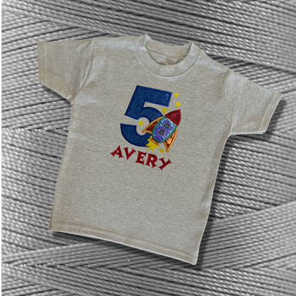Personalised Embroidered Birthday Rocket Design T-Shirt for Kids