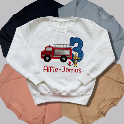 Personalised Embroidered Children's Birthday Top: Fire Engine Design