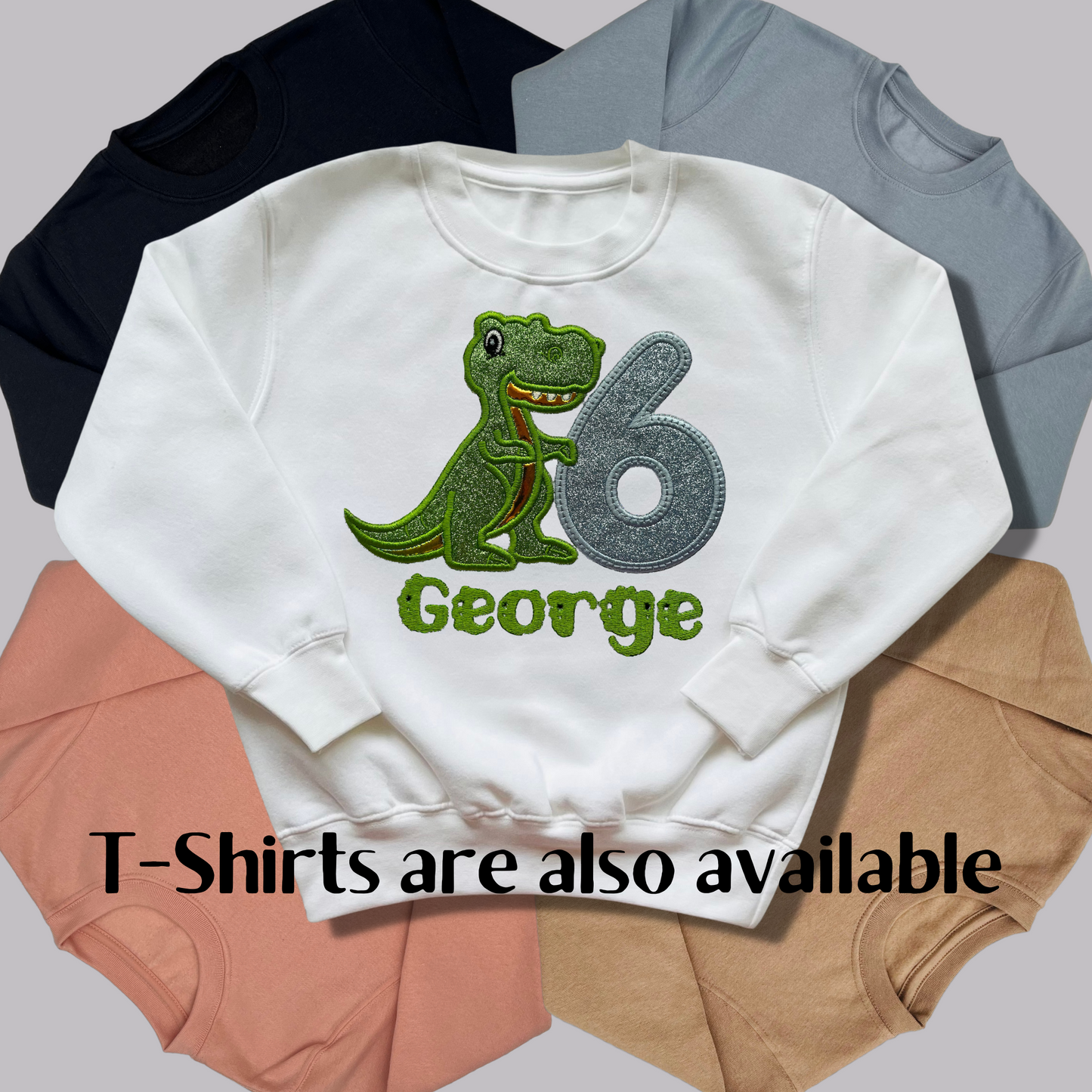 Personalised Embroidered Dinosaur Birthday T-Shirts and Sweatshirts