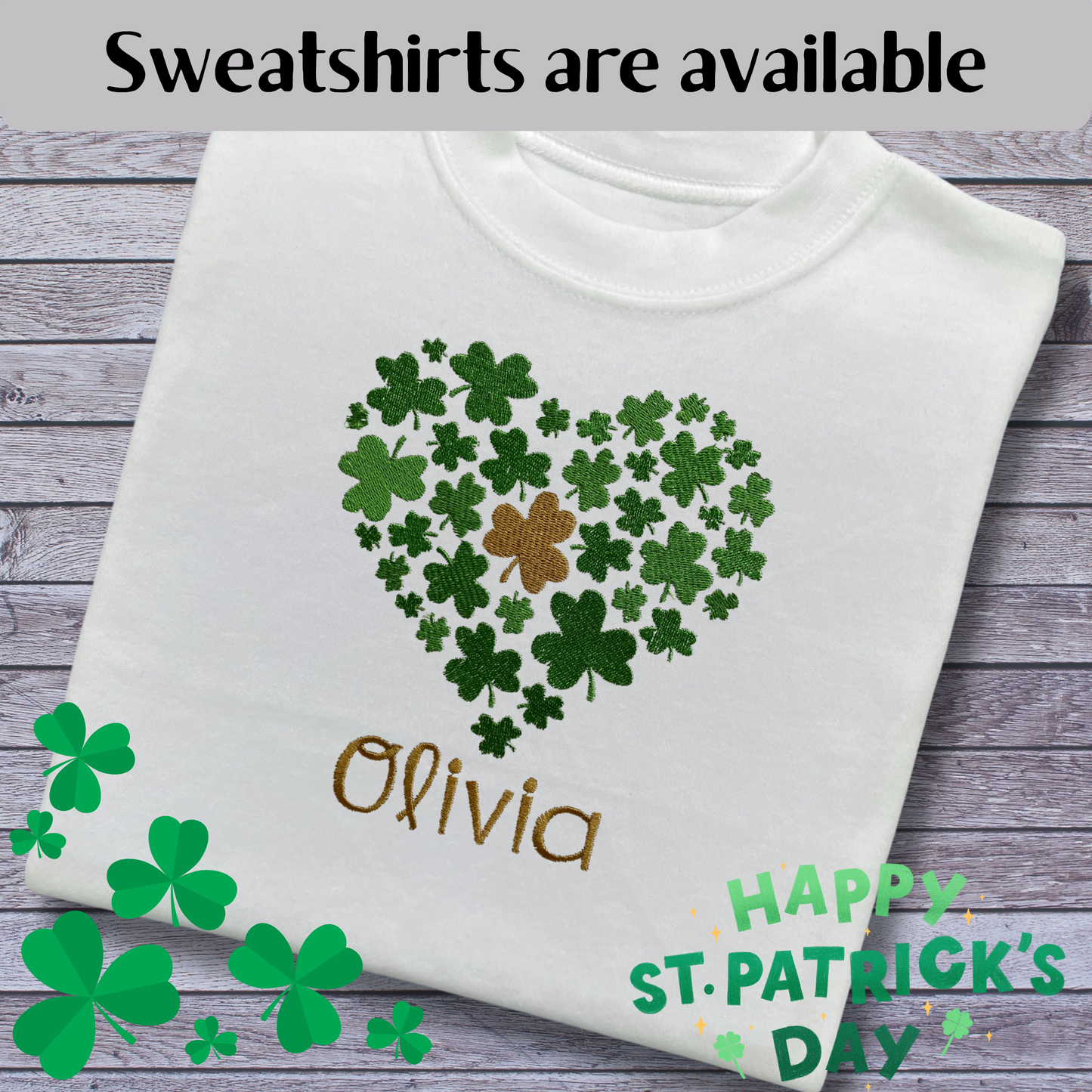 Personalised Embroidered Children's St Patrick's Day Heart of Shamrocks Design