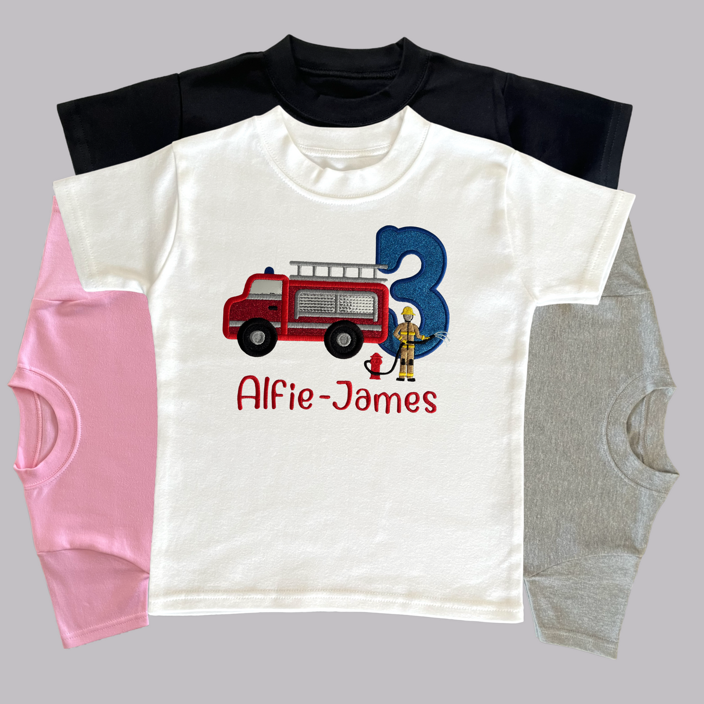 Personalised Fire Engine Birthday Shirt: Embroidered Applique Firefighter Outfit