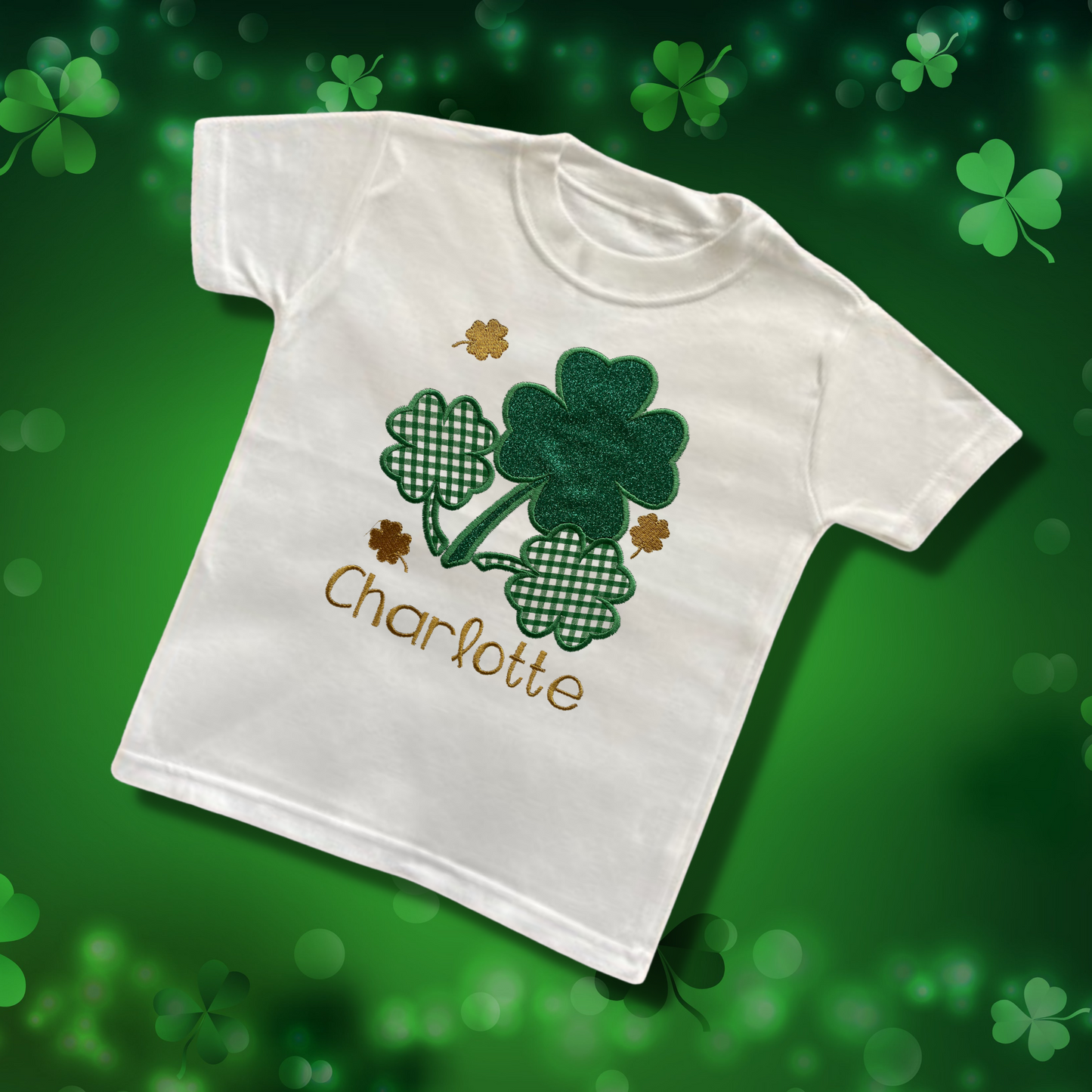 Personalised Embroidered Children's St Patrick's Day Top,  Glittery Shamrocks Design