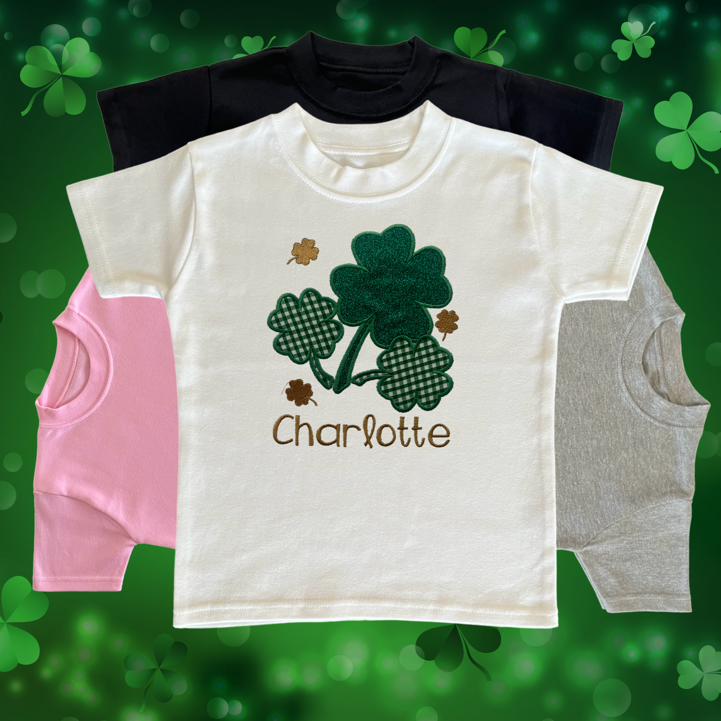 Personalised Embroidered Children's St Patrick's Day Top,  Glittery Shamrocks Design