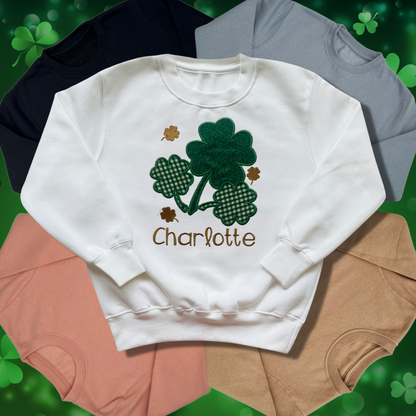 Personalised Embroidered Children's St Patrick's Day Glittery Shamrocks Design