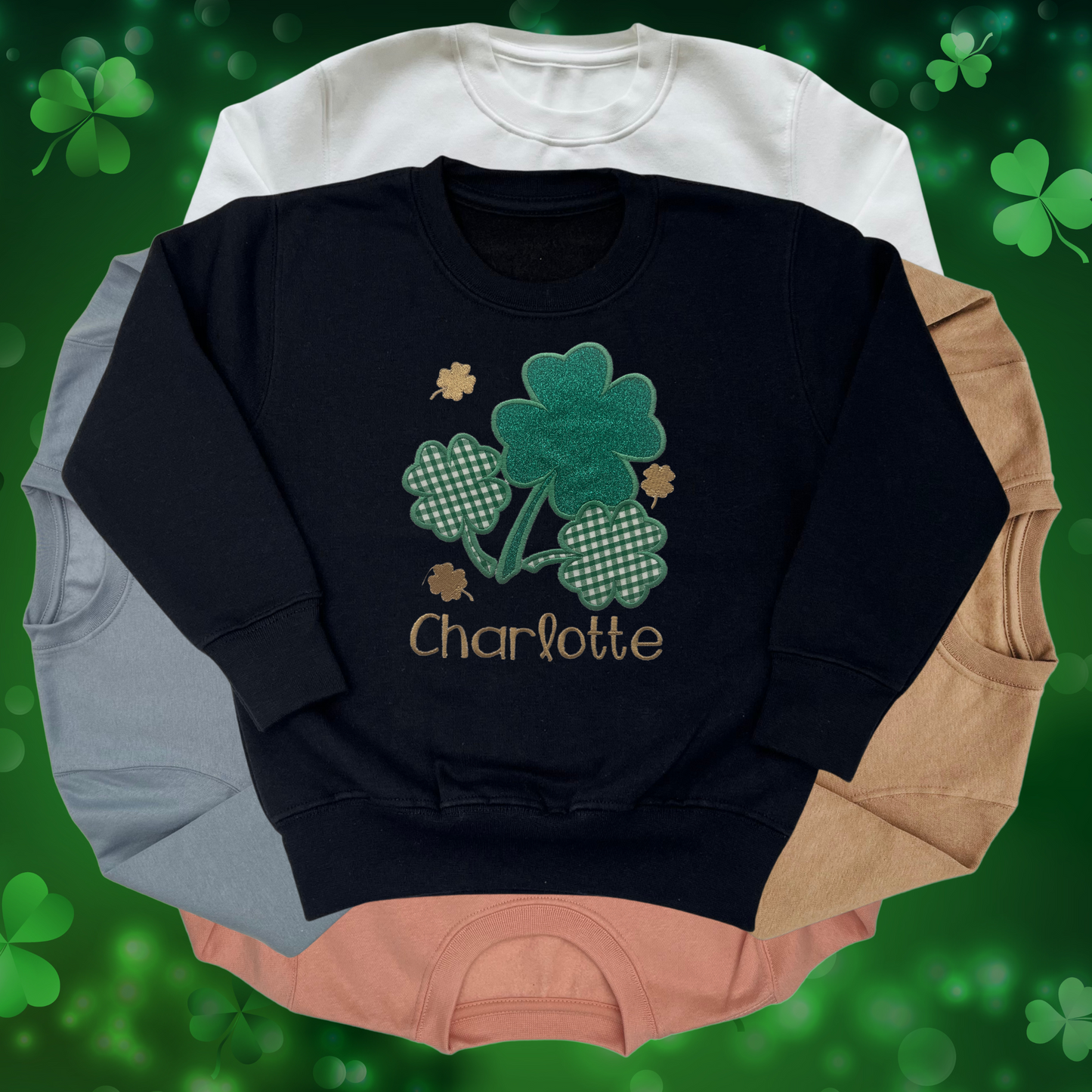 Personalised Embroidered Children's St Patrick's Day Top,  Glittery Shamrocks Design