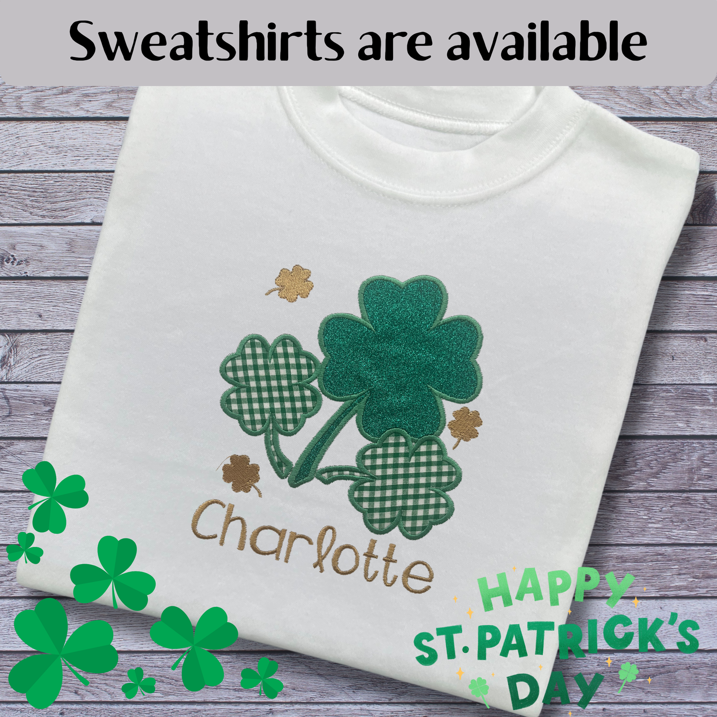 Personalised Embroidered Children's St Patrick's Day Top,  Glittery Shamrocks Design