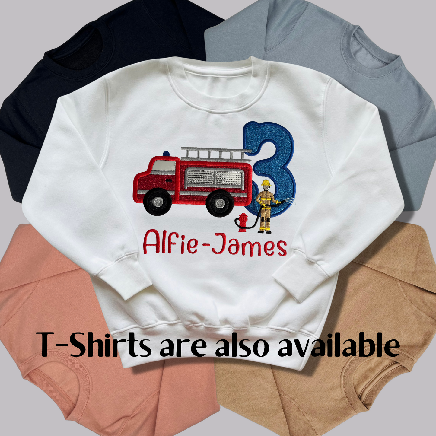 Personalised Fire Engine Birthday Shirt: Embroidered Applique Firefighter Outfit