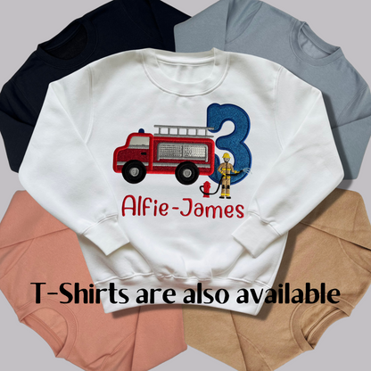 Personalised Embroidered Children's Birthday Top: Fire Engine Design