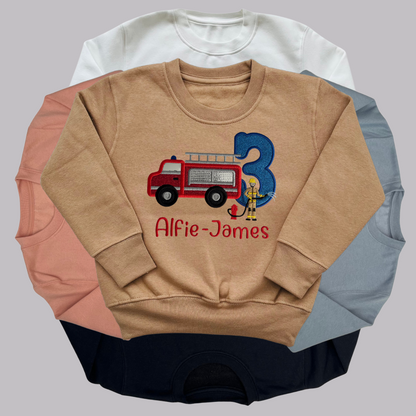 Personalised Embroidered Children's Birthday Top: Fire Engine Design