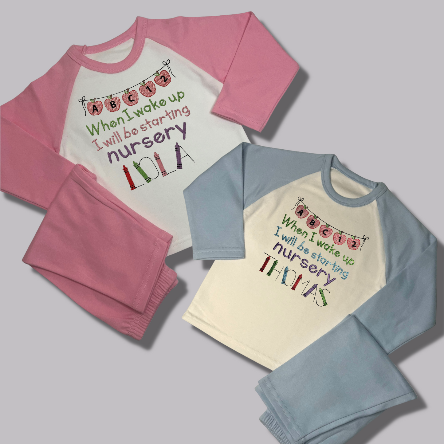 Personalised Embroidered Children's Pyjamas: Starting Nursery Apple Banner Design