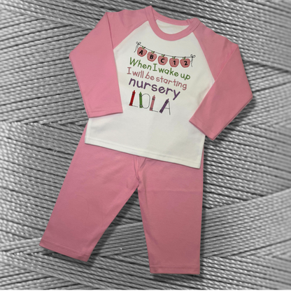 Personalised Embroidered Children's Pyjamas: Starting Nursery Apple Banner Design
