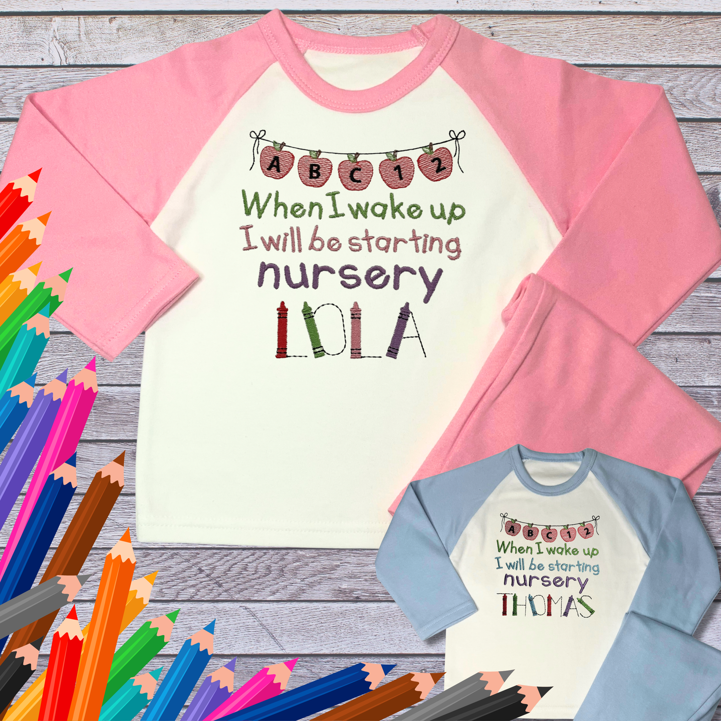Personalised Embroidered Children's Pyjamas: Starting Nursery Apple Banner Design