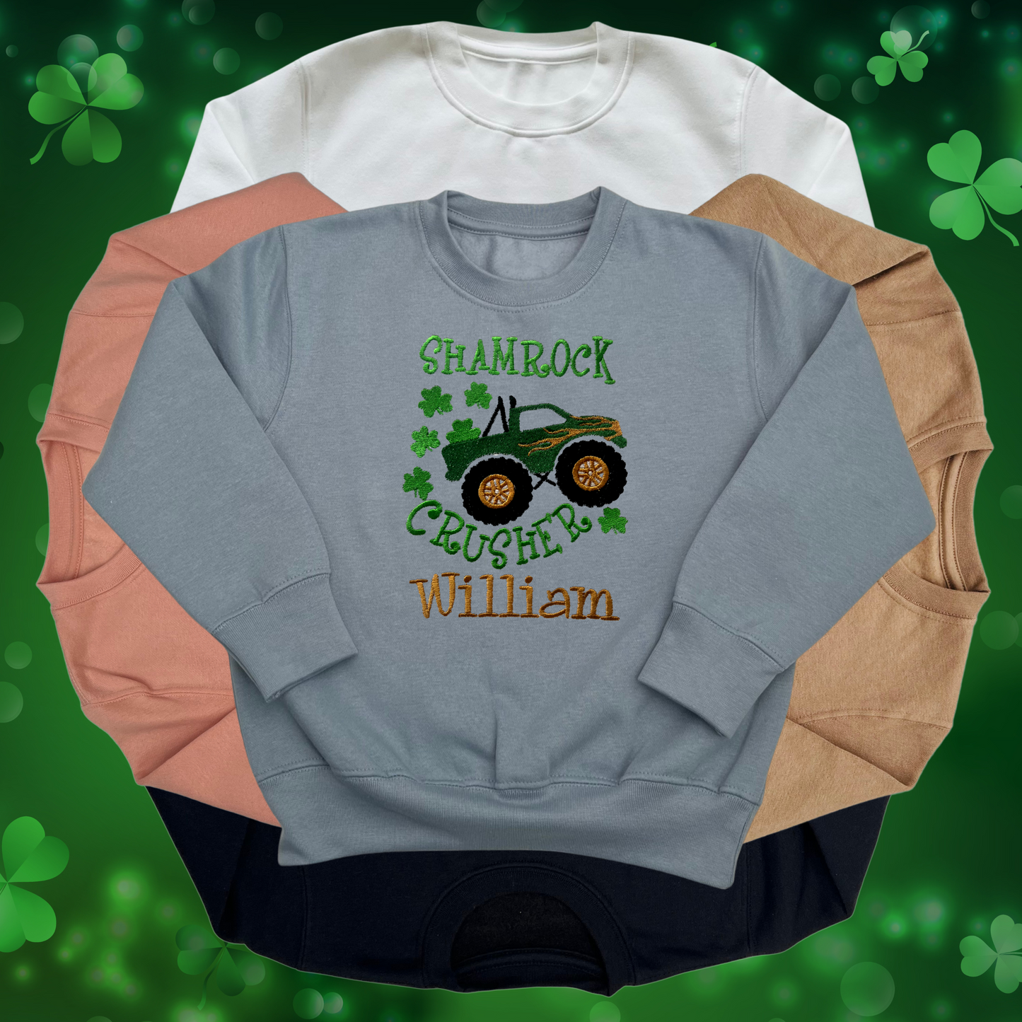Personalised Embroidered Children's St Patrick's Day Top,  Monster Truck Design