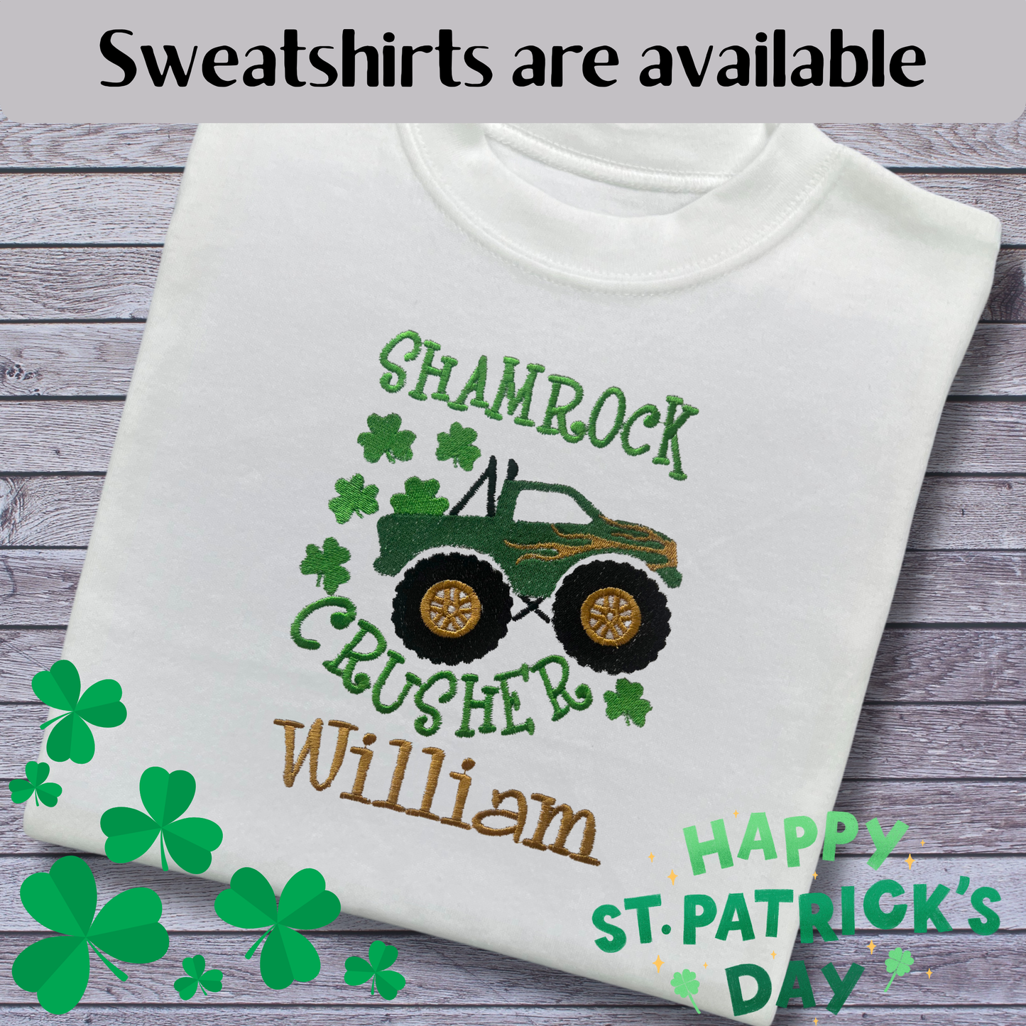 Personalised Embroidered Children's St Patrick's Day Top,  Monster Truck Design
