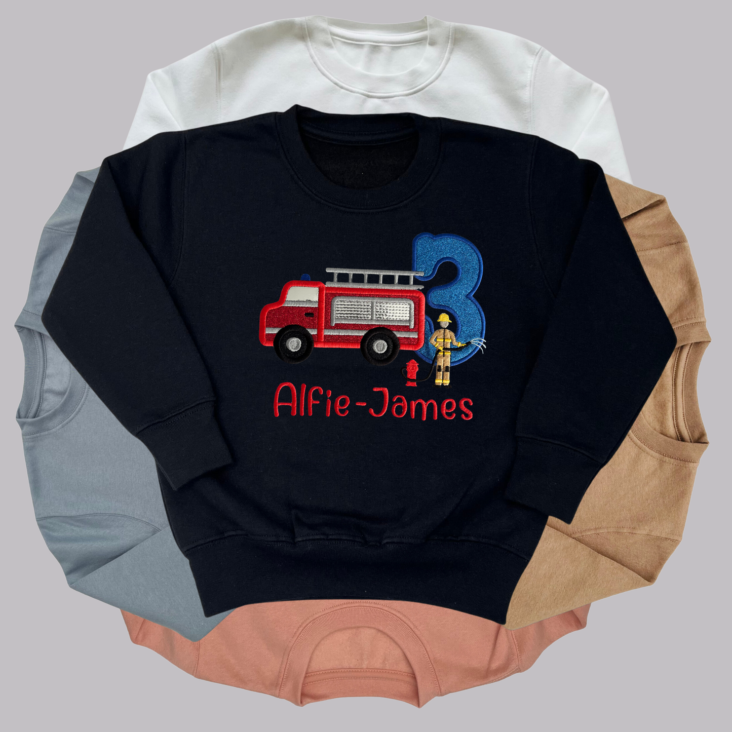 Personalised Fire Engine Birthday Shirt: Embroidered Applique Firefighter Outfit