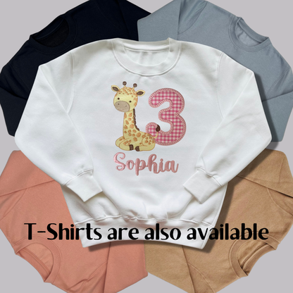 Personalised Embroidered Children's Birthday Top: Giraffe Design