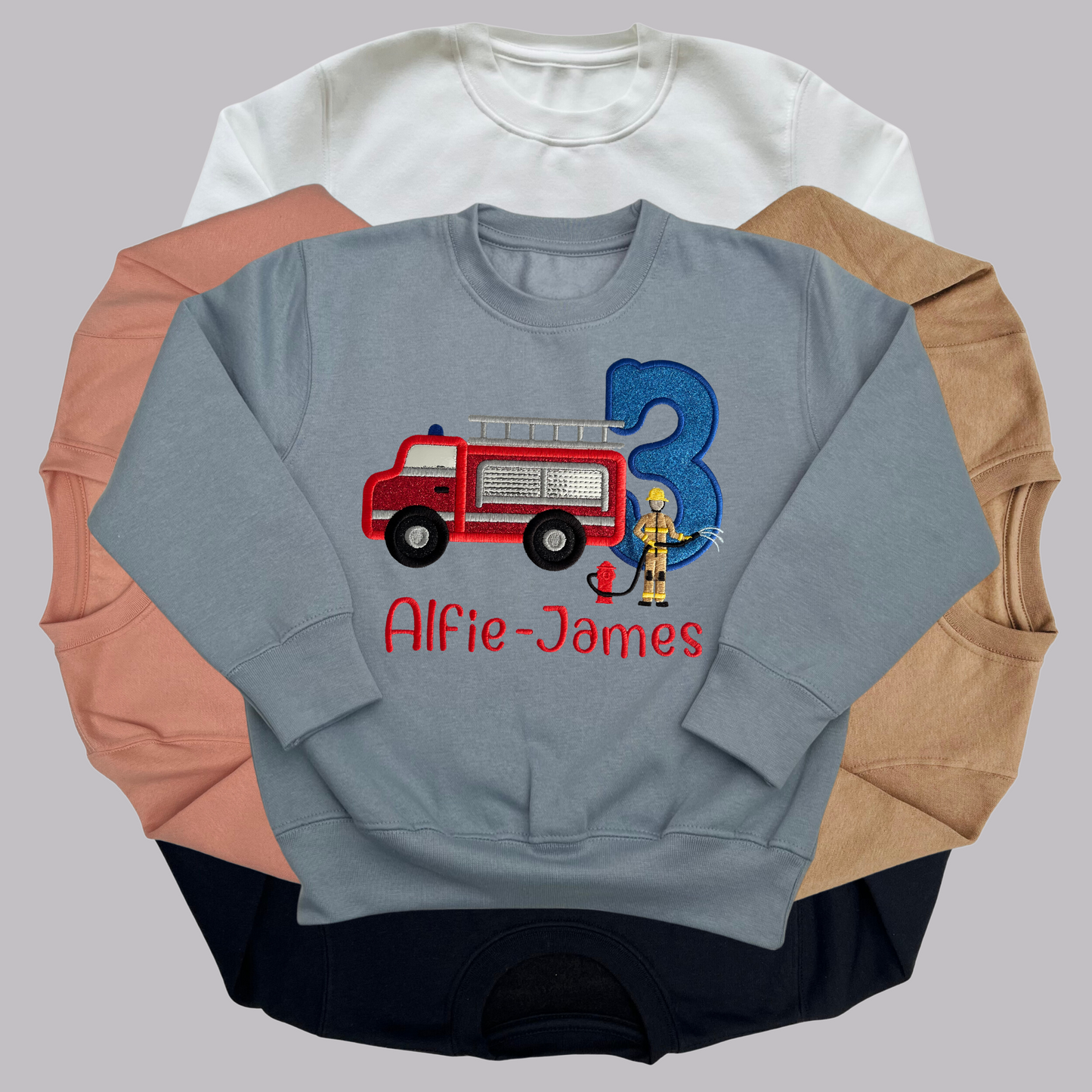 Personalised Fire Engine Birthday Shirt: Embroidered Applique Firefighter Outfit