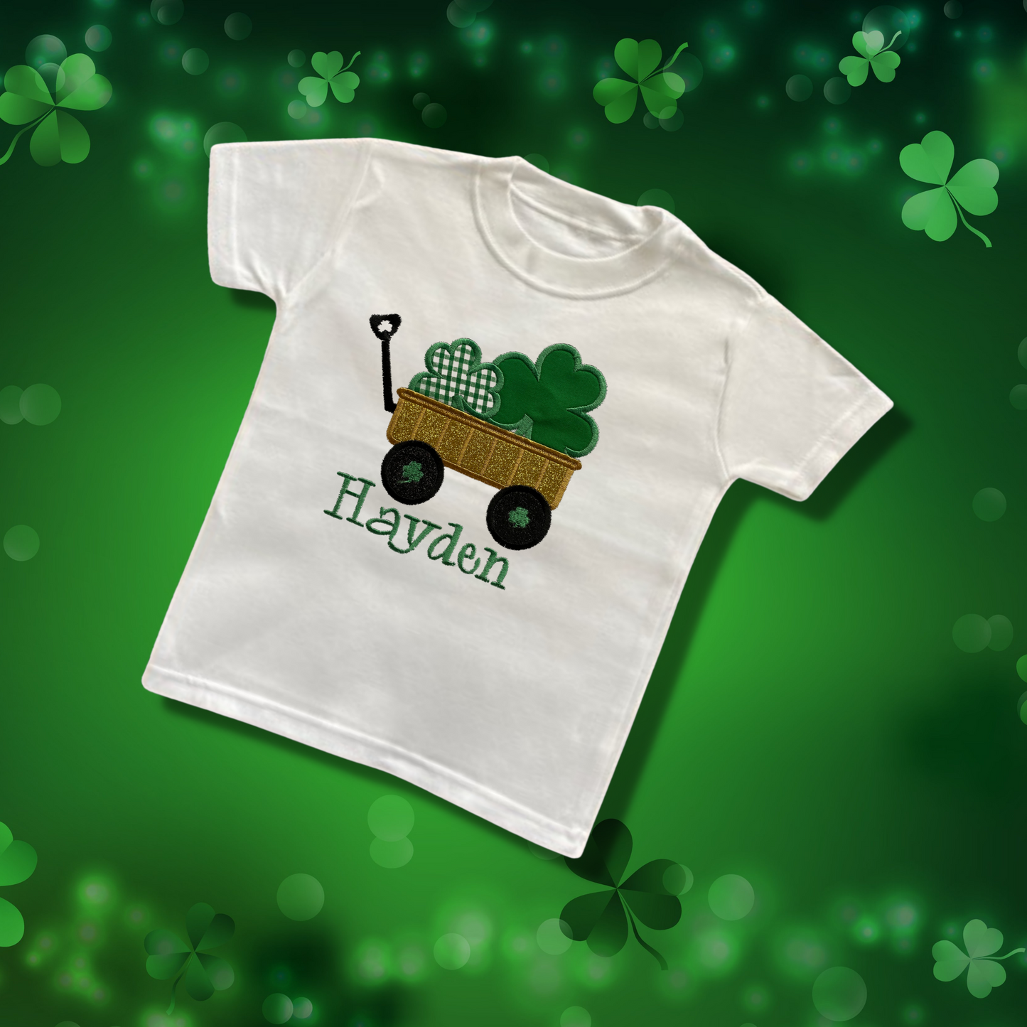 Personalised Embroidered Children's St Patrick's Day Glittery Cart of Shamrocks