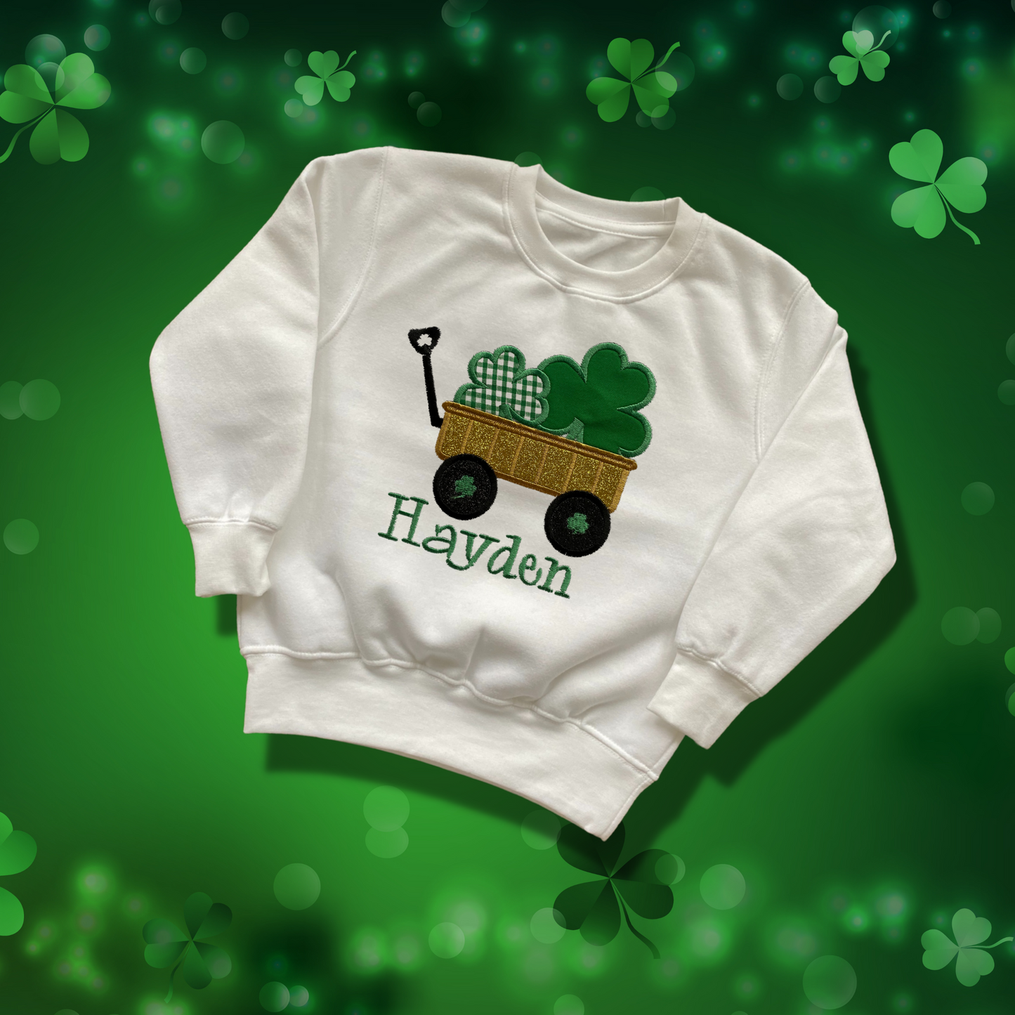 Personalised Embroidered Children's St Patrick's Day Glittery Cart of Shamrocks