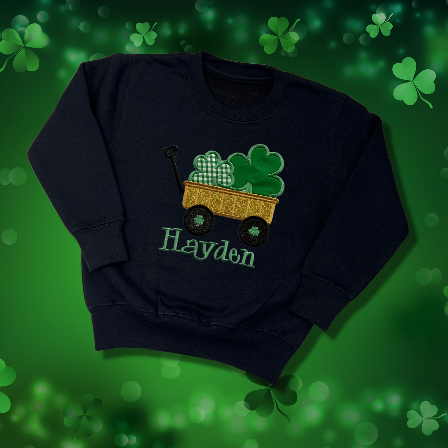 Personalised Embroidered Children's St Patrick's Day Glittery Cart of Shamrocks