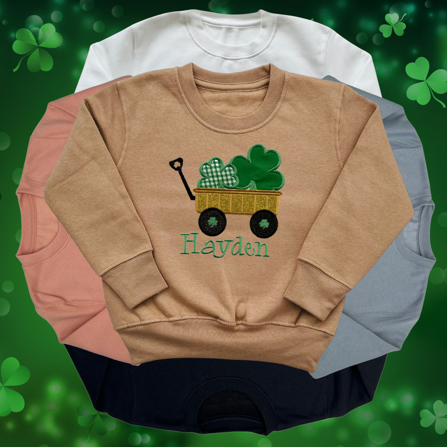 Personalised Embroidered Children's St Patrick's Day Glittery Cart of Shamrocks
