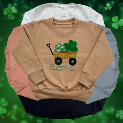 Personalised Embroidered Children's St Patrick's Day Glittery Cart of Shamrocks