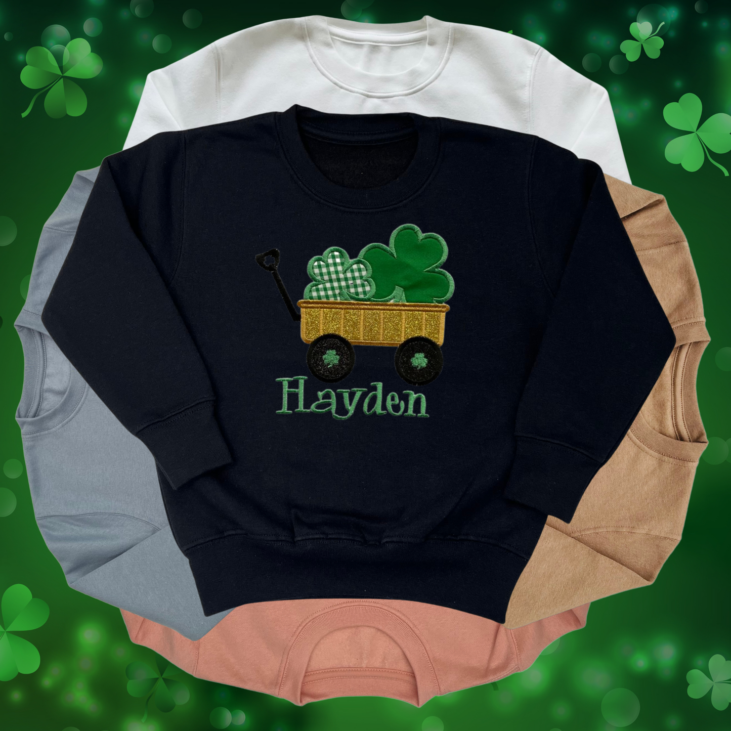 Personalised Embroidered Children's St Patrick's Day Glittery Cart of Shamrocks