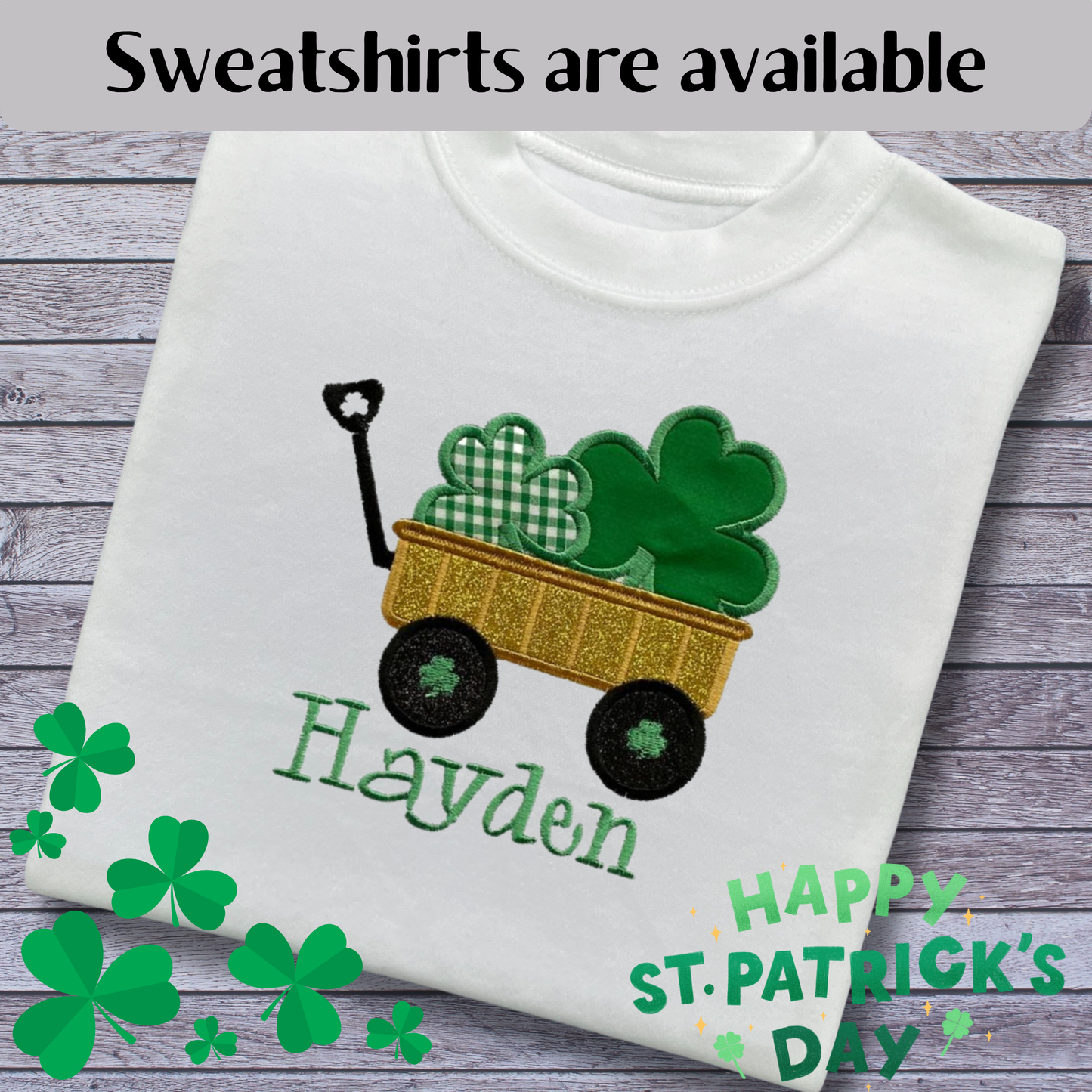 Personalised Embroidered Children's St Patrick's Day Glittery Cart of Shamrocks