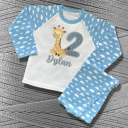 Childrens Personalised Embroidered Birthday Pyjamas 'When I wake up I will be' Embroidered Giraffe Design with the Childs Name and Age