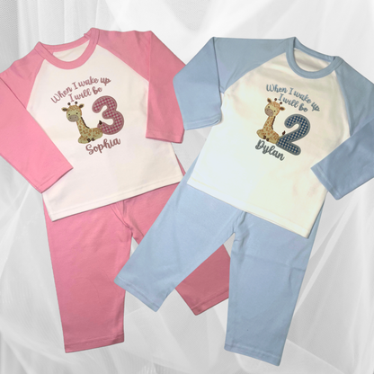 Childrens Personalised Embroidered Birthday Pyjamas 'When I wake up I will be' Embroidered Giraffe Design with the Childs Name and Age
