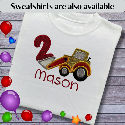 Personalised Embroidered Children's Birthday Top: Construction Vehicle Design