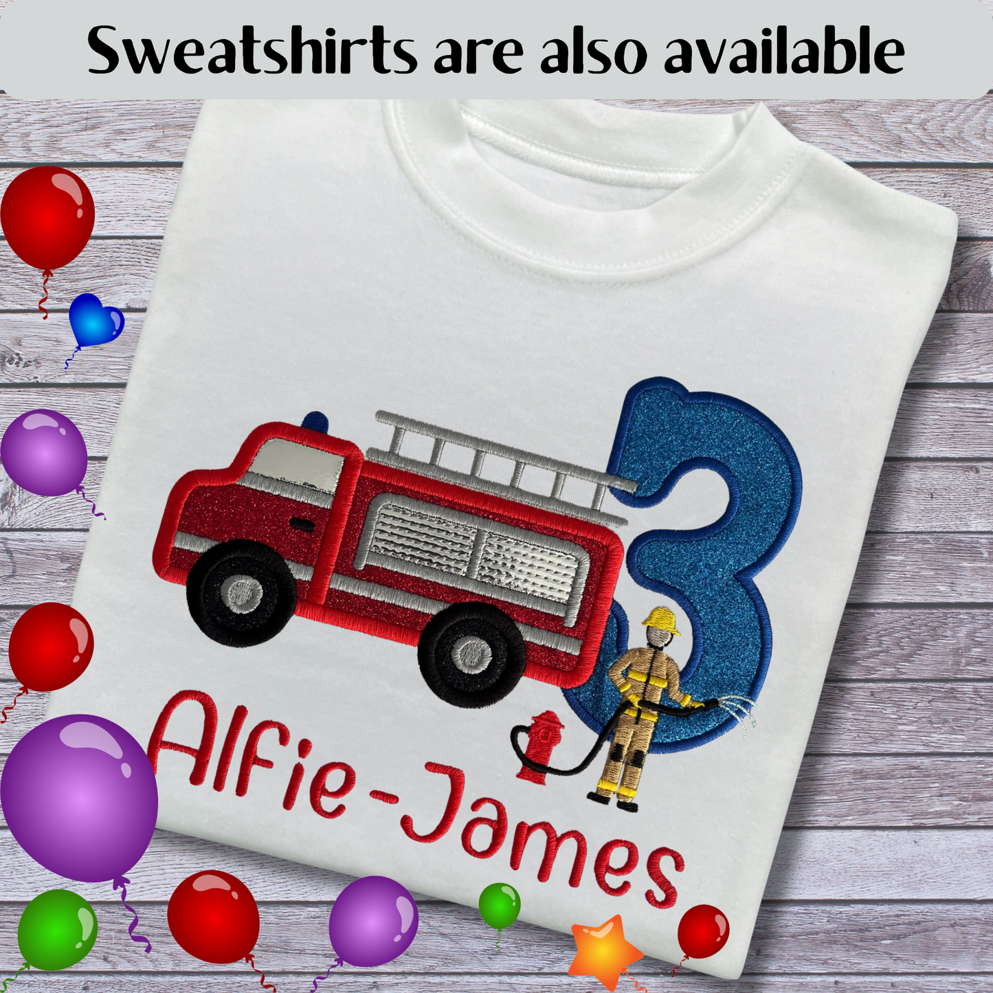 Personalised Embroidered Children's Birthday Top: Fire Engine Design