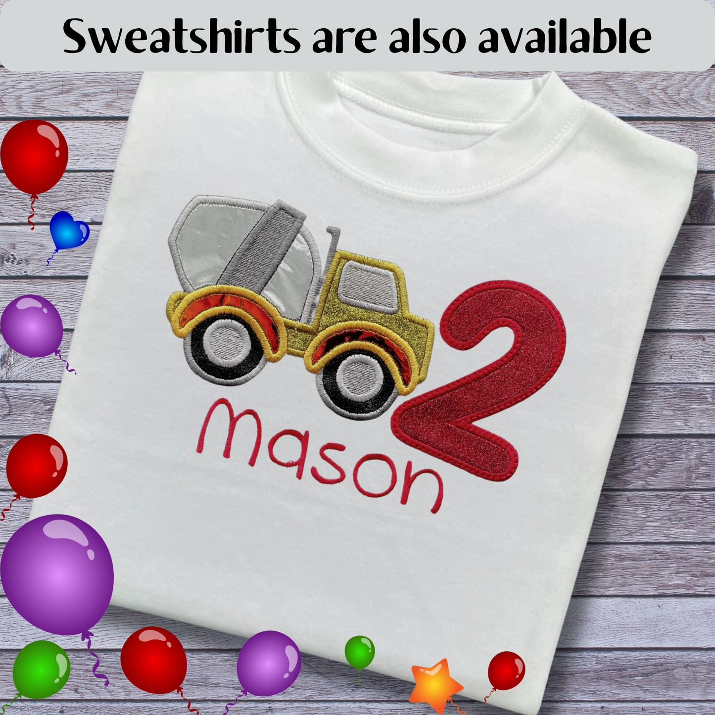 Personalised Embroidered Children's Birthday Top: Construction Vehicle Design