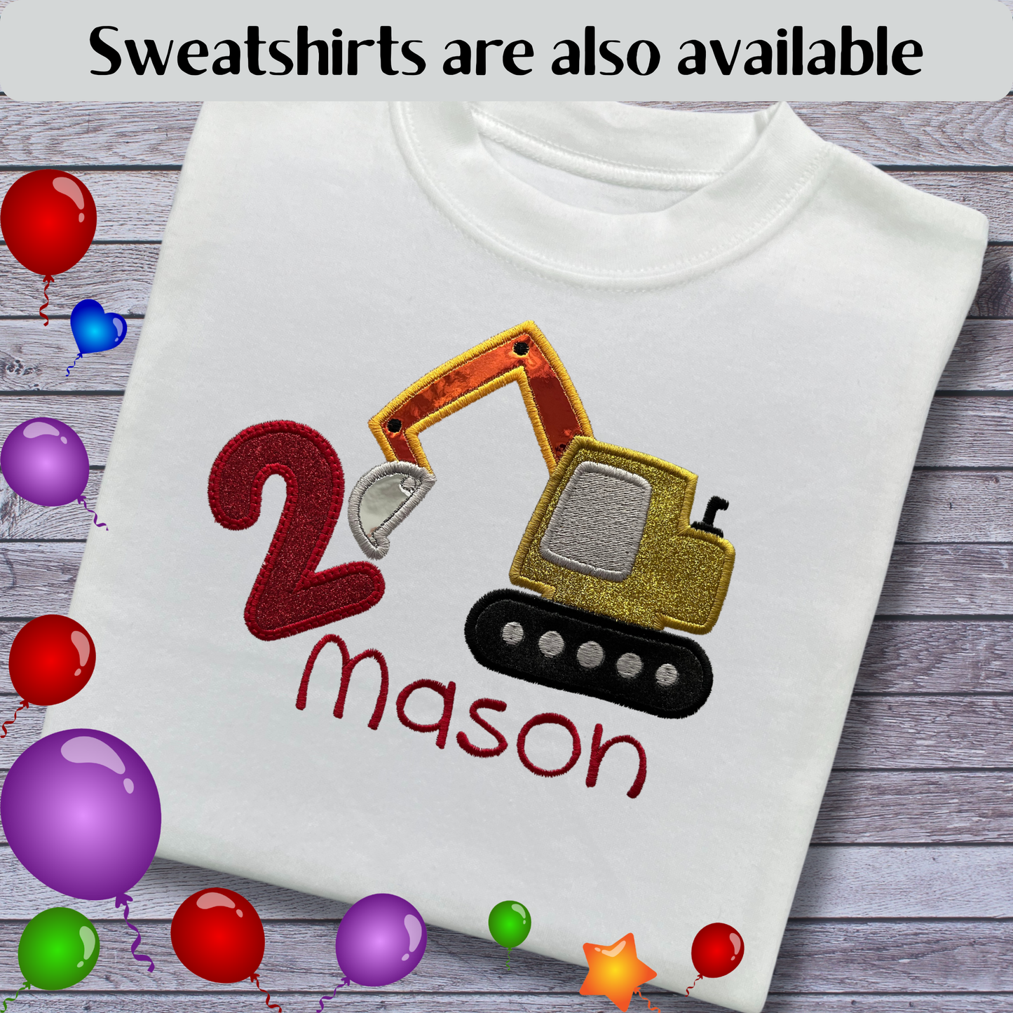 Personalised Embroidered Children's Birthday Top: Construction Vehicles Design