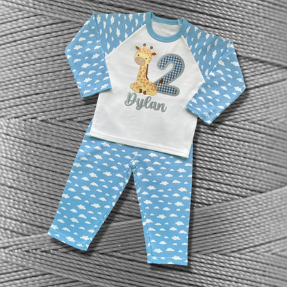 Childrens Personalised Embroidered Birthday Pyjamas 'When I wake up I will be' Embroidered Giraffe Design with the Childs Name and Age
