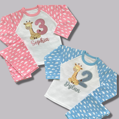 Childrens Personalised Embroidered Birthday Pyjamas 'When I wake up I will be' Embroidered Giraffe Design with the Childs Name and Age