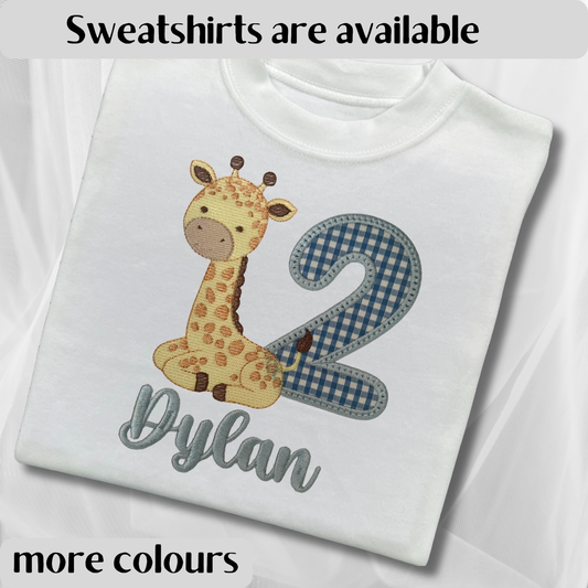 Personalised Giraffe Birthday Shirt: Embroidered Giraffe Design