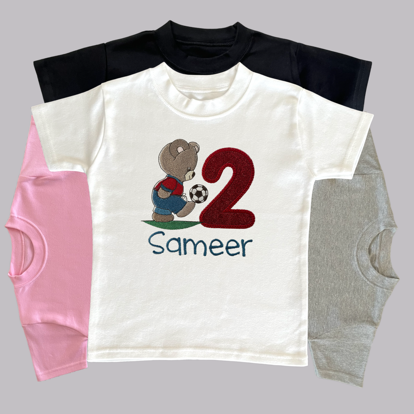 Personalised Embroidered Children's Birthday Top. Teddy Bear Footballer.