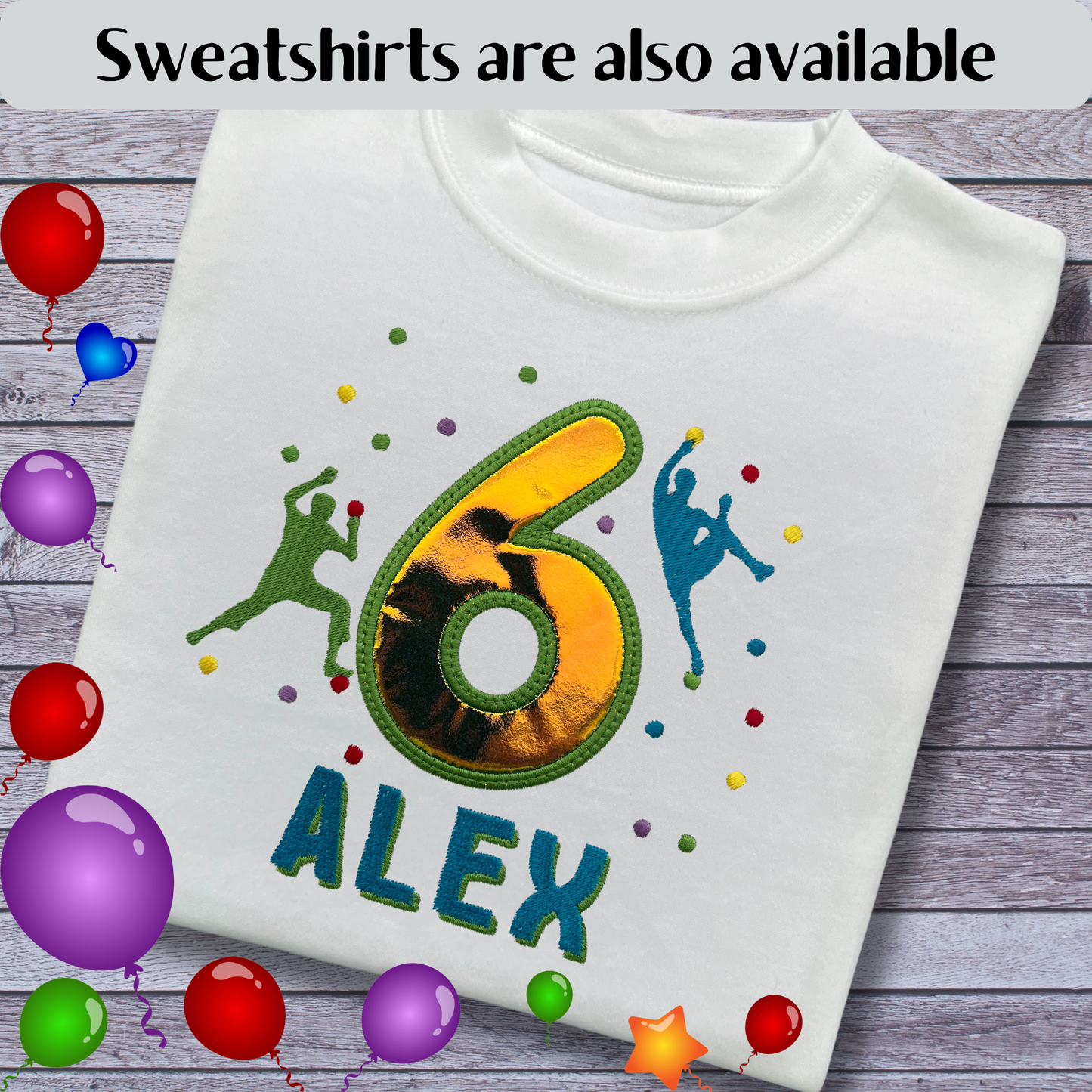Personalised Embroidered Children's Birthday Top: Rock Wall Climbing Design.