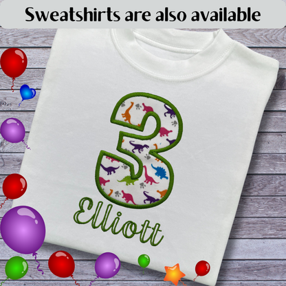 Personalised Embroidered Children's Birthday Top: Dinosaur Fabric Number