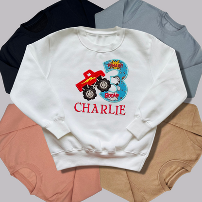 Personalised Embroidered Children's Birthday Top: Monster Truck Design