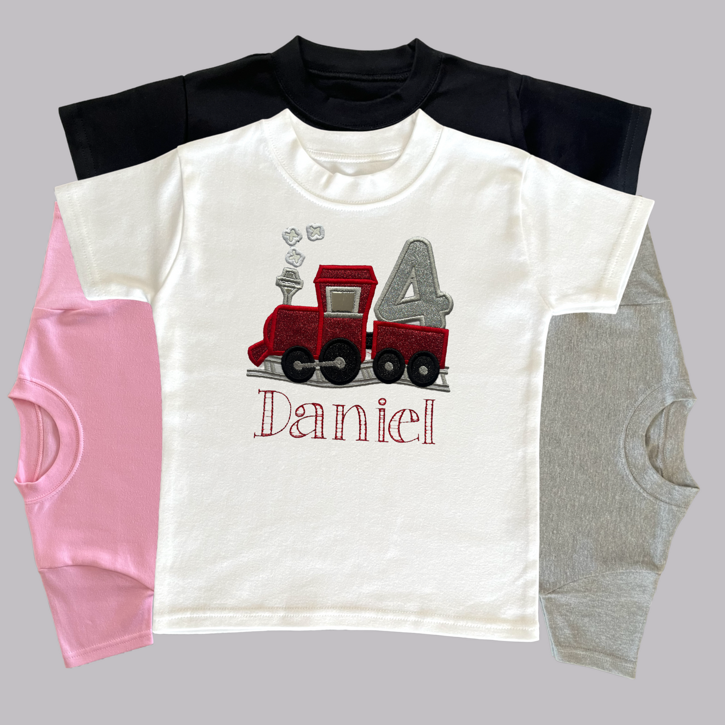 Personalised Embroidered Children's Birthday Top: Train Design