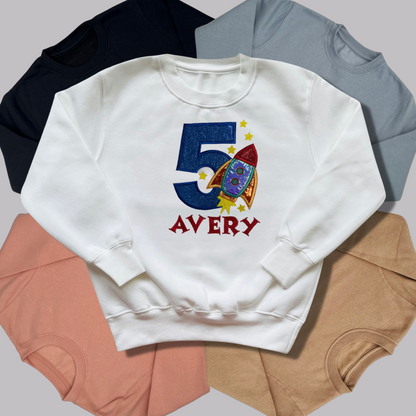 Personalised Embroidered Children's Birthday Top: Rocket Design