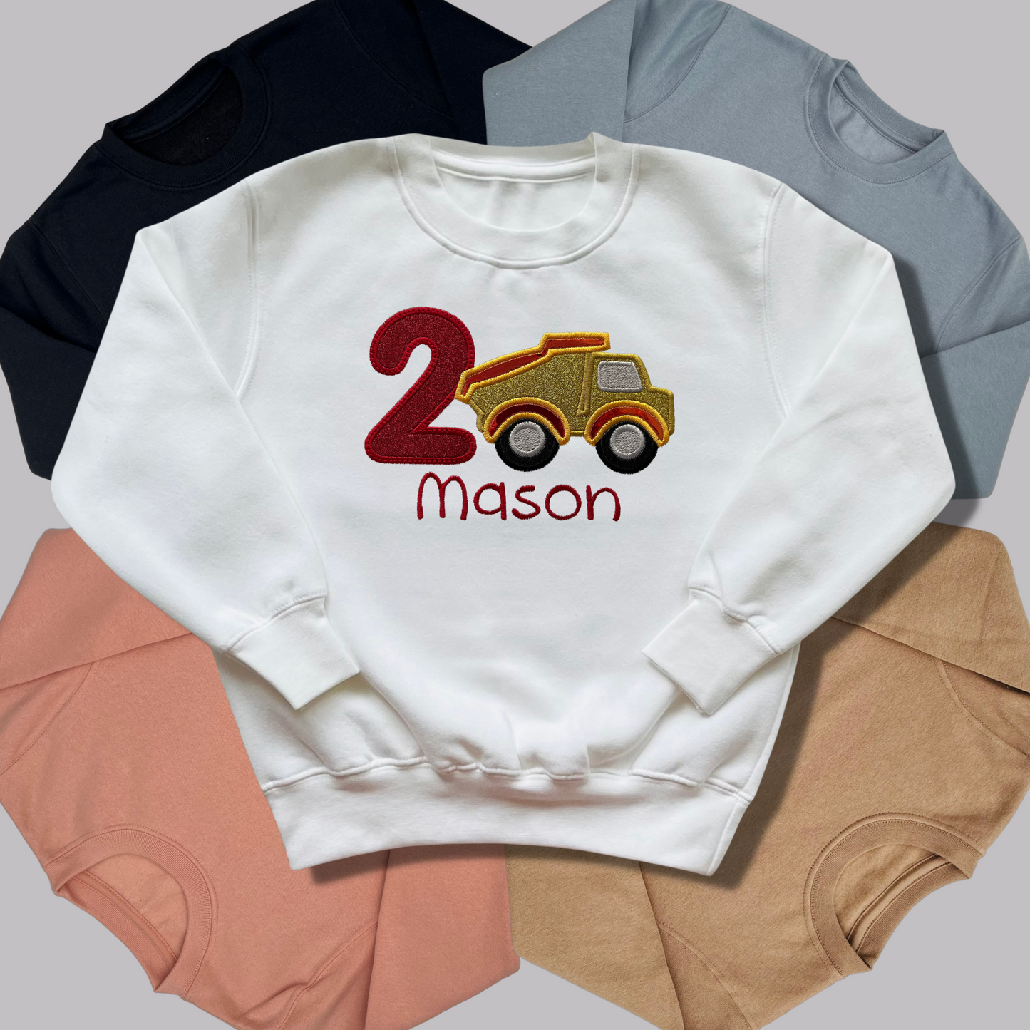 Personalised Embroidered Children's Birthday Top: Construction Vehicles Design