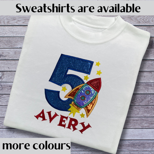 Personalised Embroidered Rocket Birthday T-Shirts and Sweatshirts
