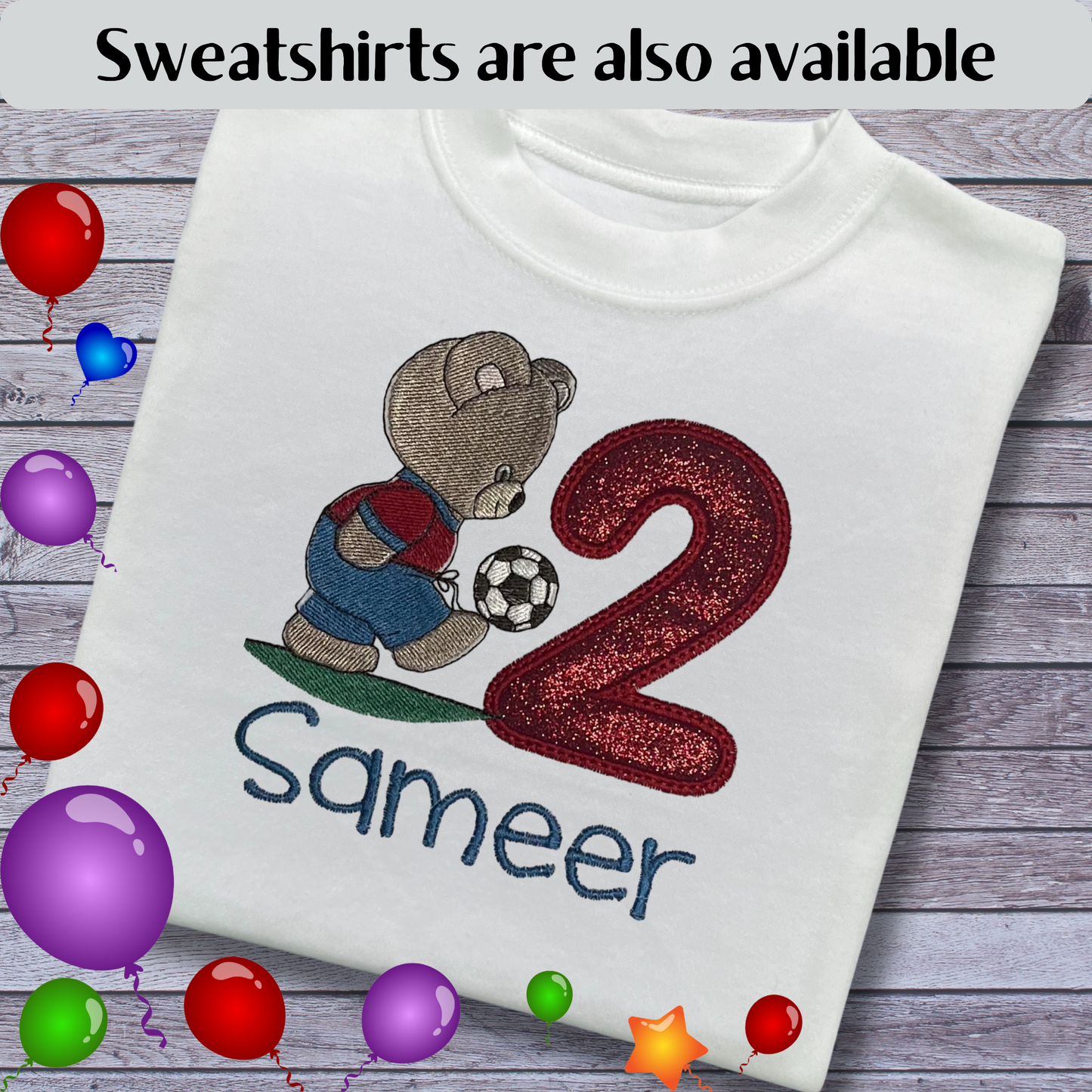 Personalised Embroidered Children's Birthday Top. Teddy Bear Footballer.